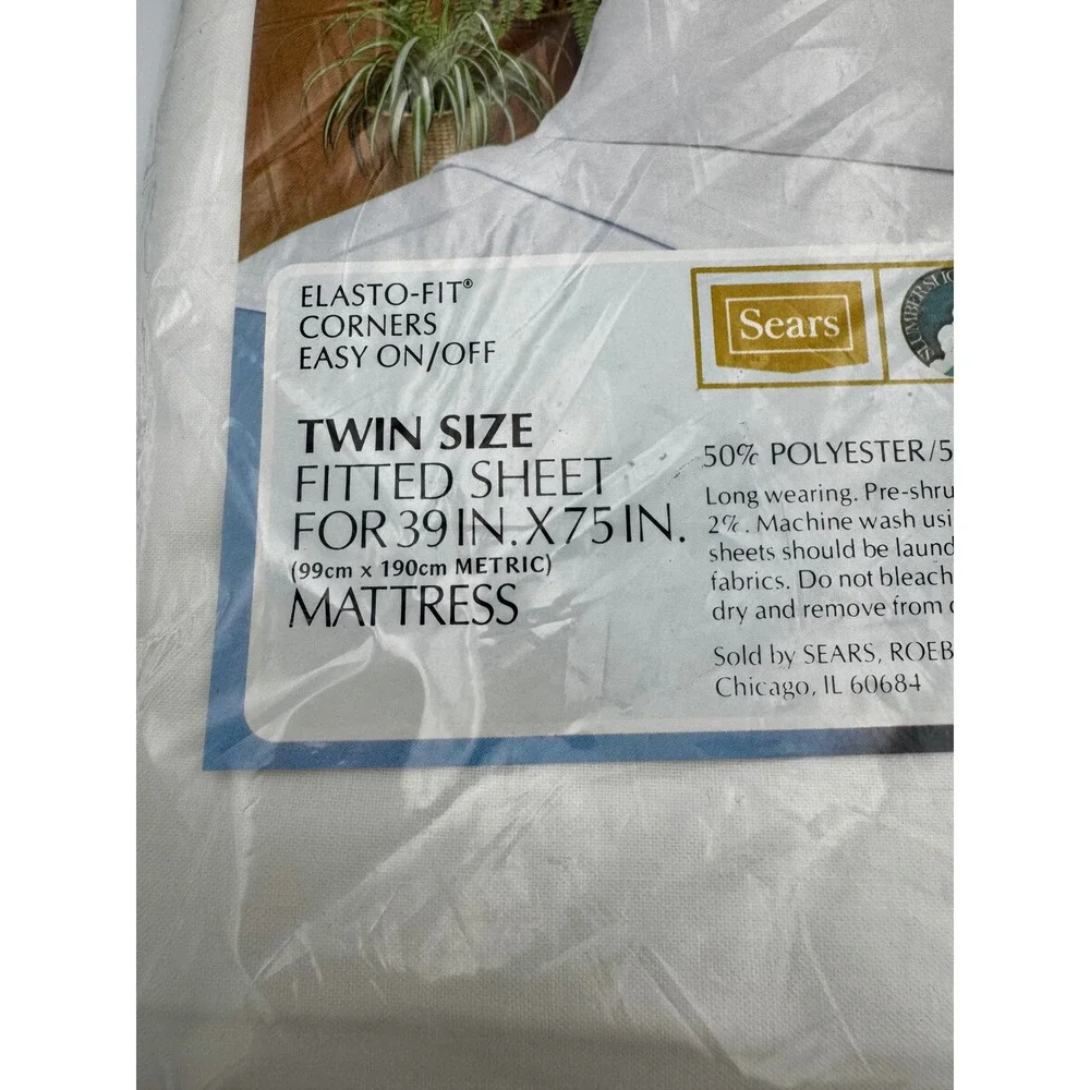 NOS Vintage Sears Twin Fitted Sheet White Muslin Perma-Prest New Sealed